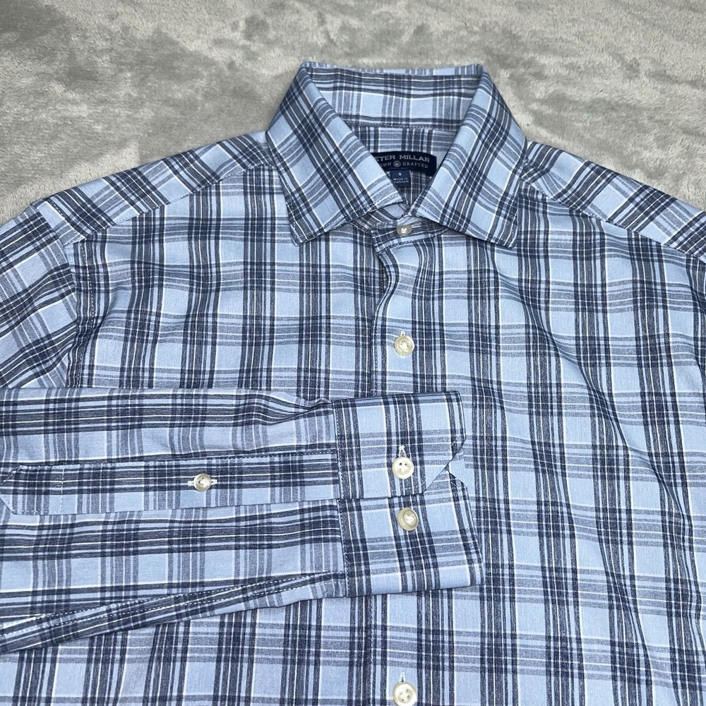 Peter Millar Crown Crafted Blue Plaid Button Mens Shirt S stretch Performance